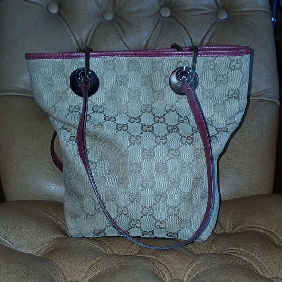 Vinage Y2K Gucci cream gucci print canvas and Burgundy leather - Picture 1 of 15